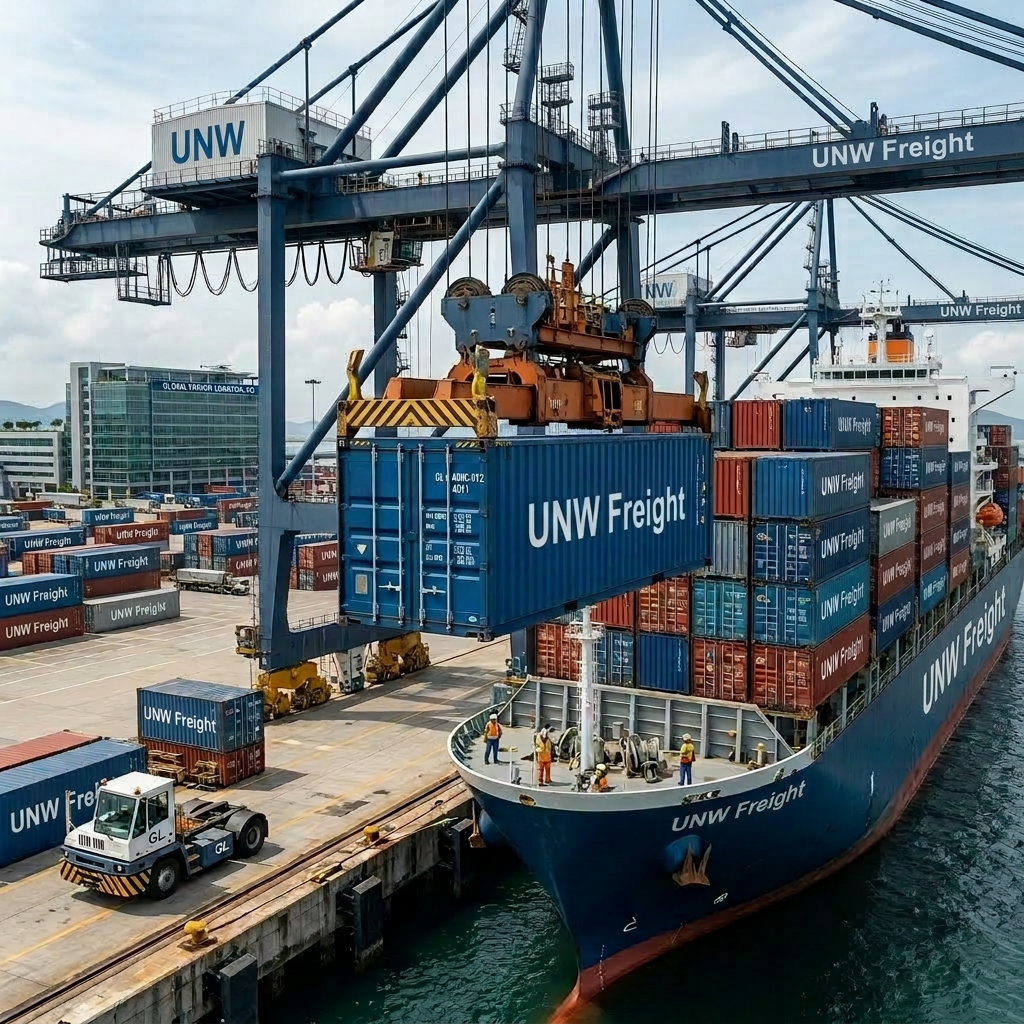 Container ship loading at busy port Cargo containers being loaded onto a ship at a port with cranes and workers